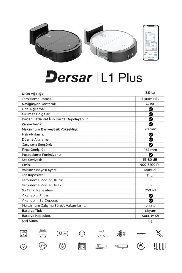 L1 Plus Robot Süpürge Siyah (Dersar Türkiye Garantili) - 8