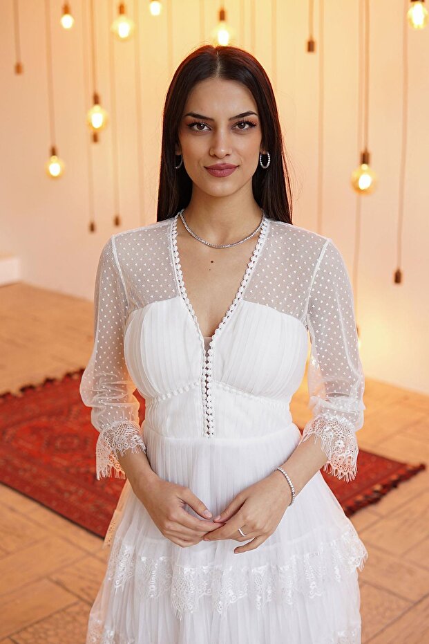 Ekru Dantelli Kısa Abiye Elbise - 4