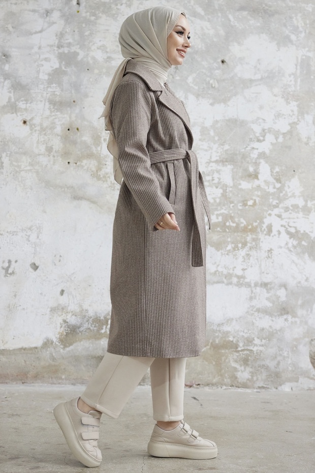 سيمون معطف كاجو بحزام ونمط مخطط - بني - 4