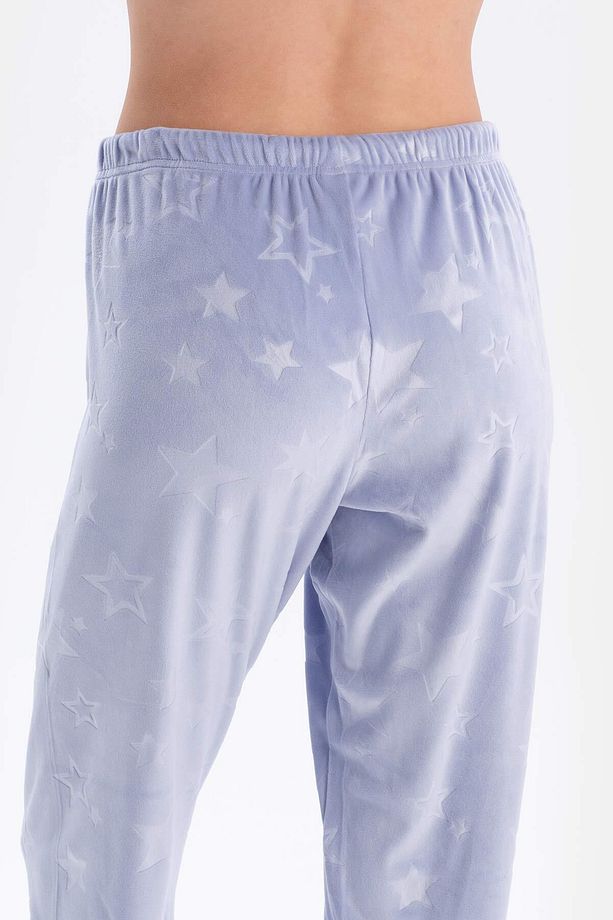Mavi Gofre Yıldız Detaylı Örme Pijama Takımı - 4