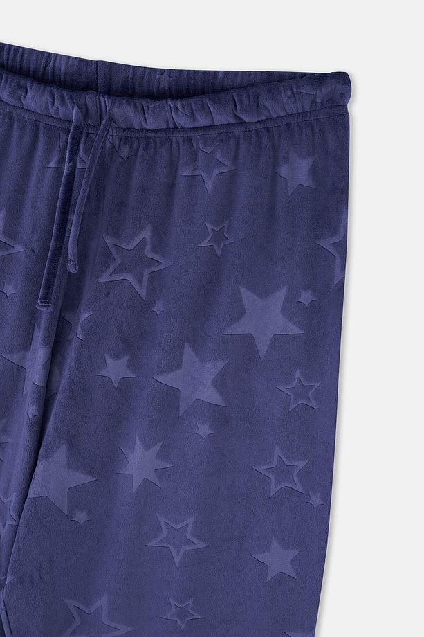 Lacivert Gofre Yıldız Detaylı Örme Pijama Takımı - 8