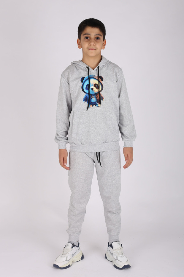 Sevimli panda baskılı kanguru cep ve kapüşonlu kız erkek çocuk unisex alt üst takım - 4