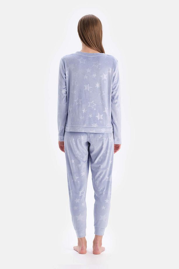 Mavi Gofre Yıldız Detaylı Örme Pijama Takımı - 2