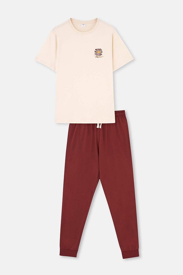 Ekru Baskı Detaylı Kısa Kollu Jogger Pijama Takımı - 1
