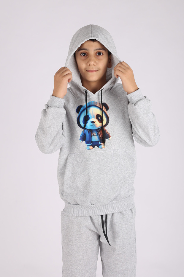 Sevimli panda baskılı kanguru cep ve kapüşonlu kız erkek çocuk unisex alt üst takım - 3