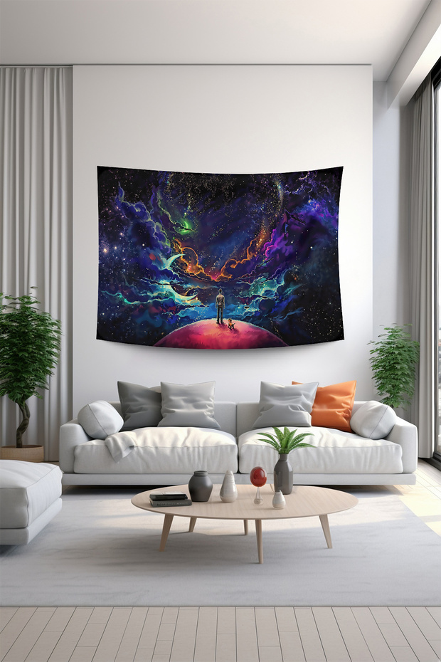 Duvar örtüsü duvar halısı dijital baskı dekorasyon tapestry "Space Alone" - kolay askı uygulaması - 2
