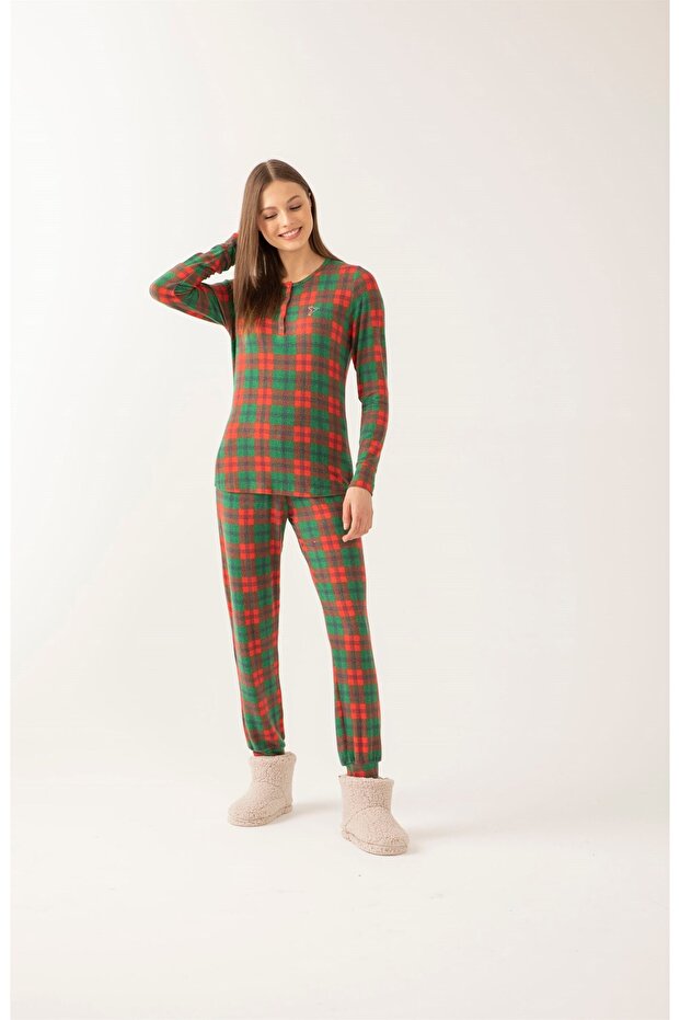 Kırmızı Yeşil Ekose Pijama Takımı - 3