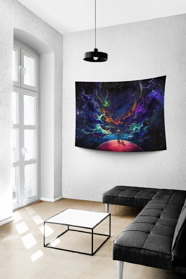 Duvar örtüsü duvar halısı dijital baskı dekorasyon tapestry "Space Alone" - kolay askı uygulaması - 4