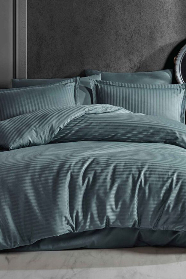 Striped Indigo-Grey Double 100% Cotton Satin Duvet Cover Set