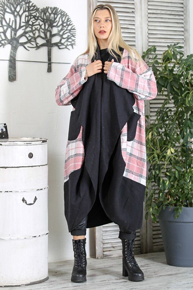 Pink-Black Handkerchief Collar Long Sleeve Plaid Double Pocket Long Fit Woven Casual Coat