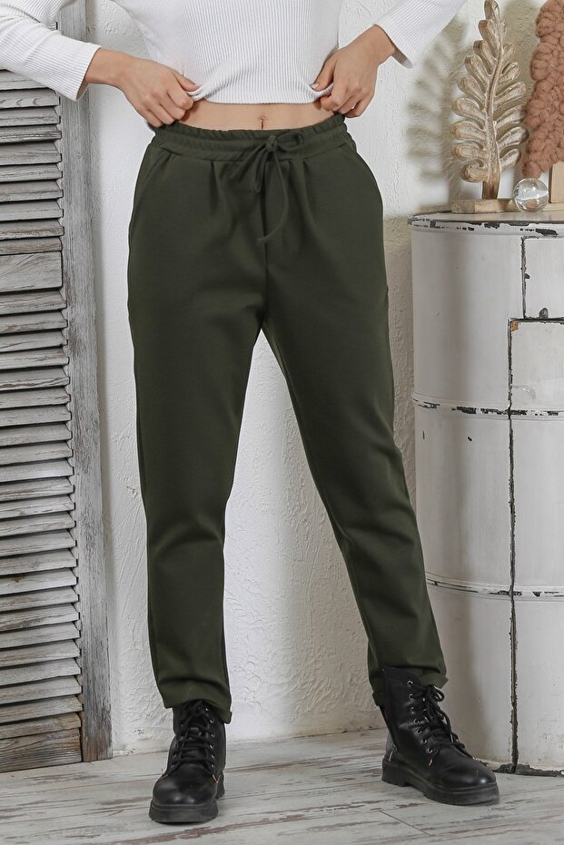 Dark Khaki Double Pocket Knitted Elasticated and Tied Waist Double Leg Casual Steel Interlock Trousers