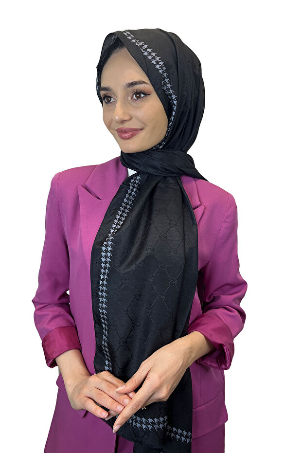 Houndstooth Patterned Monogram Shawl 00910 Black - 1