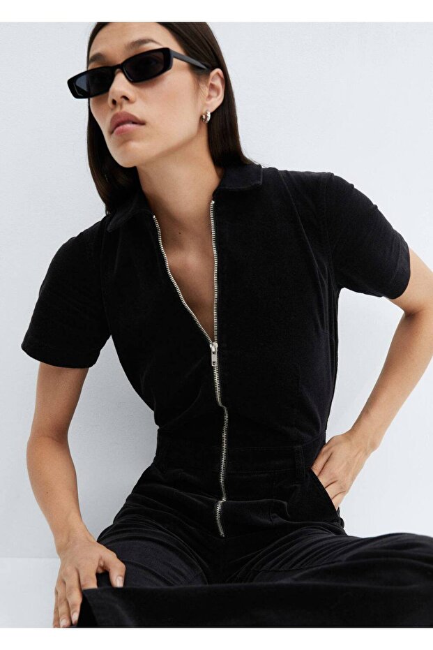 Fermuarlı fitilli kadife tulum - 5