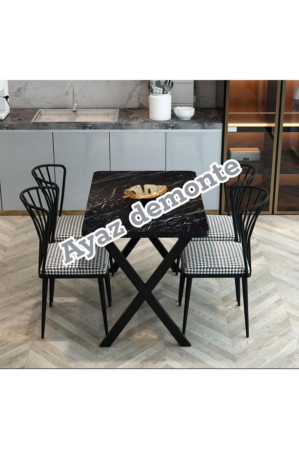 SİYAH MERMER DESENLİ YEMEK MASASI X AYAK +4 SANDALYE - 1