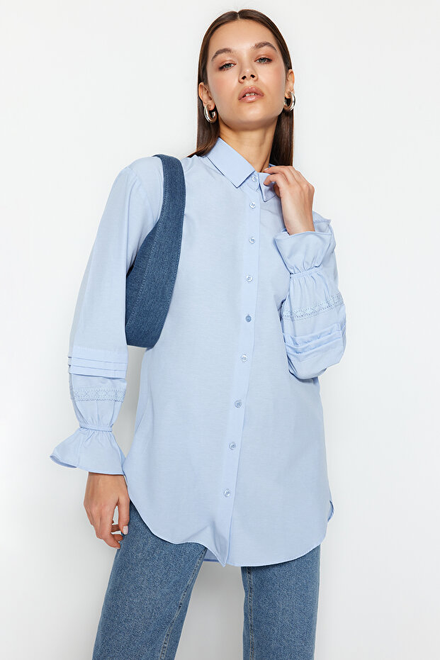 Açık Mavi Dantel Detaylı Regular Terrycotton Düz Dokuma Tesettür Gömlek TCTSS23TG00033