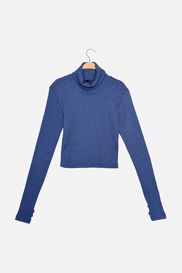 Indigo úpletová halenka s rolákem a detaily pro zvýraznění prstů, pružná a přiléhavá, model TWOAW21BZ0071 - 6