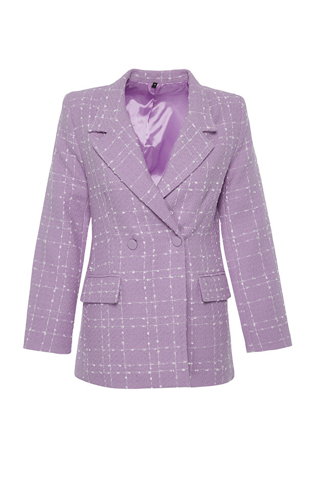 Lila Oversize Dokuma Ekose Blazer Ceket TWOAW21CE0105 - 7