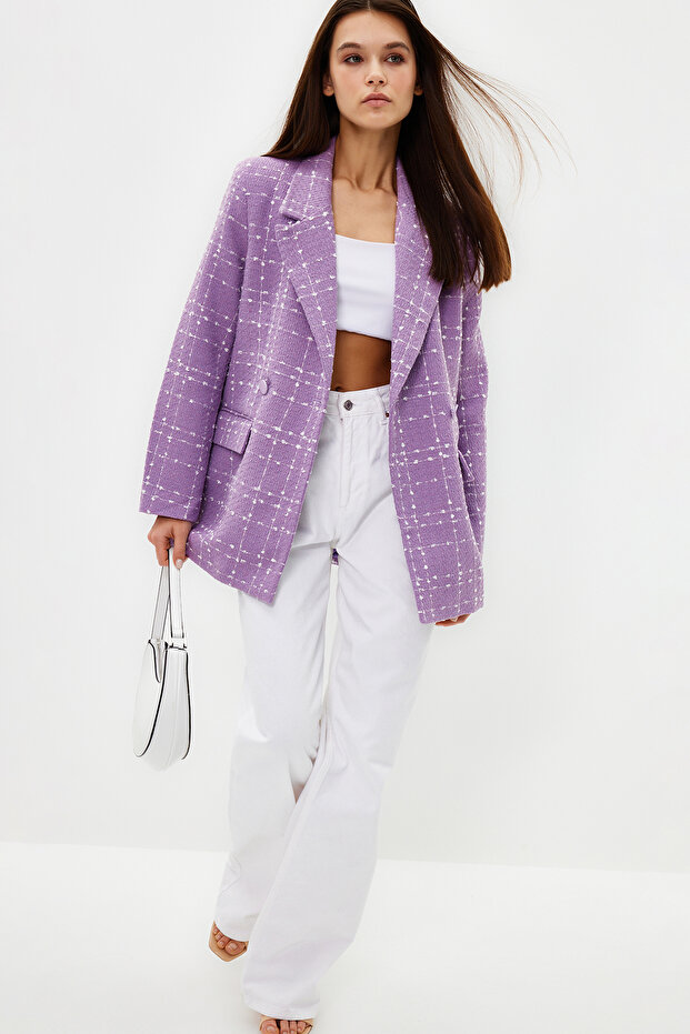 Lila Oversize Dokuma Ekose Blazer Ceket TWOAW21CE0105 - 2
