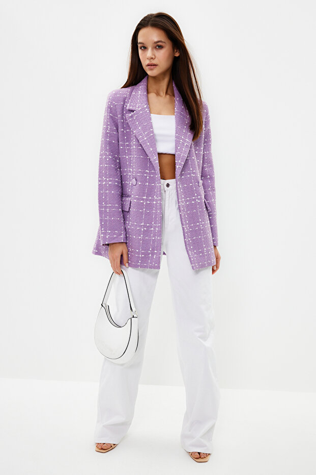 Lila Oversize Dokuma Ekose Blazer Ceket TWOAW21CE0105 - 1