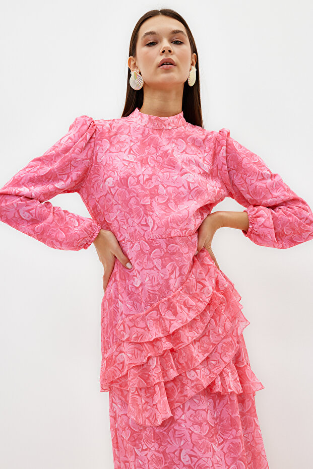 Pink Floral Ruffled Skirt Lined Woven Chiffon Dress TCTSS23EB00160