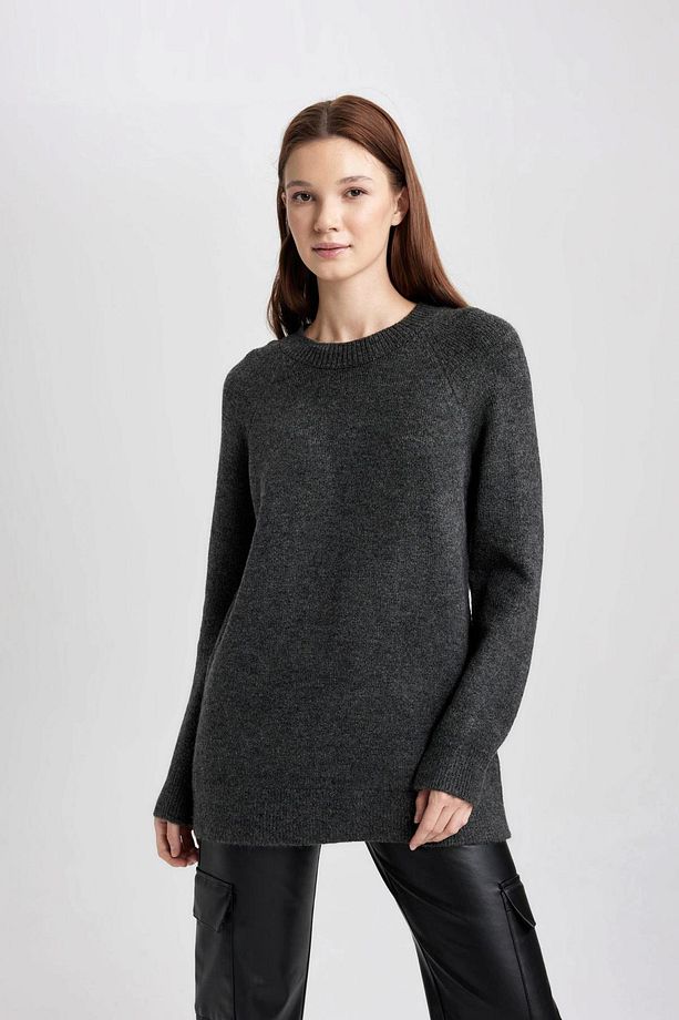 Regular Fit Bisiklet Yaka Basic Düz Triko Kazak Tunik B2709ax23wn - 1