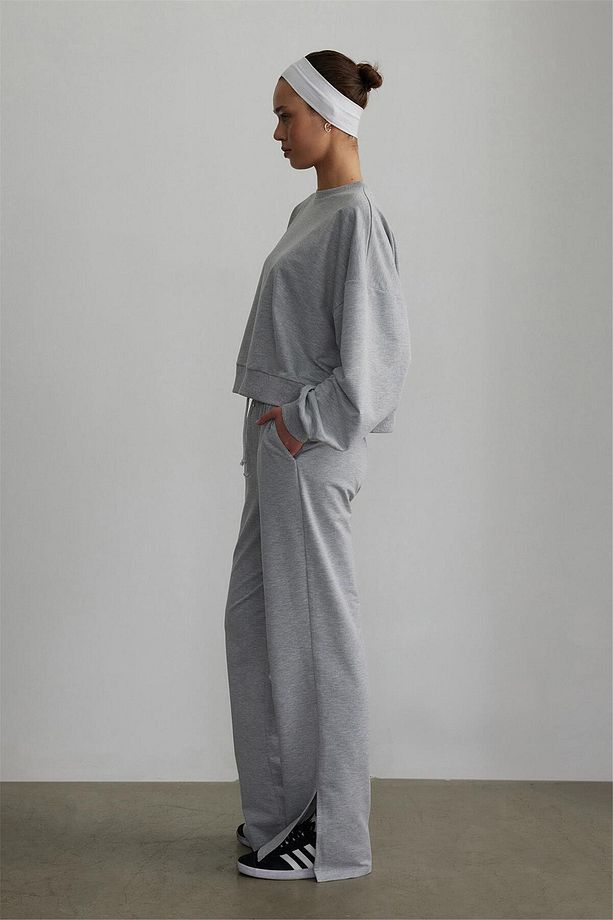 Gri Wide Leg Yırtmaçlı Eşofman Altı - 5