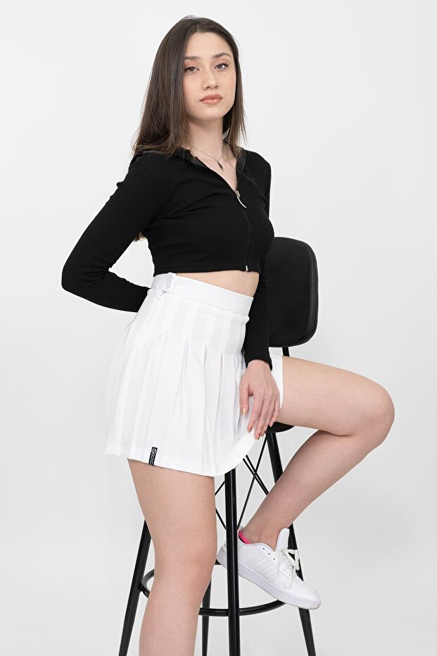 Fusta mini plisată albă de damă - 7