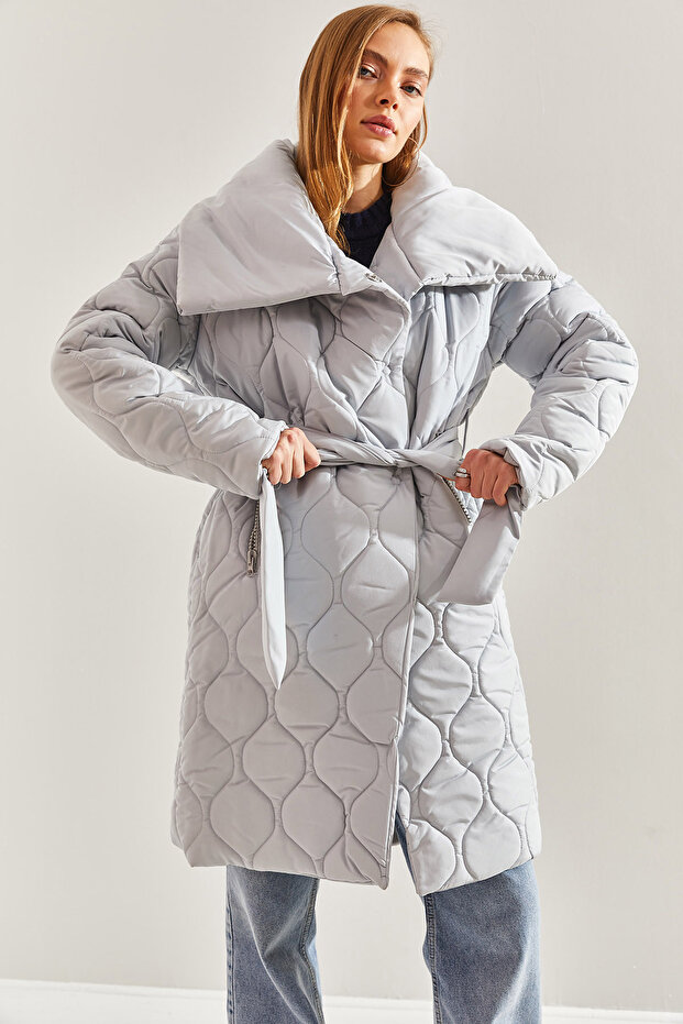 Women's Gray Metal Buttoned Quilted Oversize Inflatable Coat Stk64