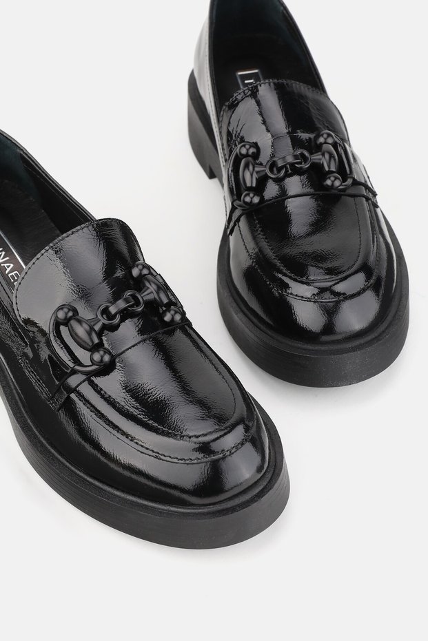 WOMEN'S BLACK Patent Leather Genuine Natural Leather Buckle LOAFER SHOES