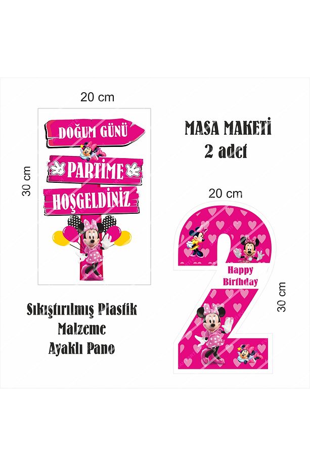 Minnie Mouse Doğum Günü Masa Panosu / Pasta Süsü Seti 2 Yaş - 3