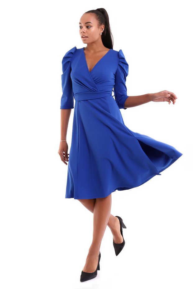 Women's Short Sleeve Double Breasted Collar Crepe Fabric Sash Detailed Blue Kiloş Dress 073