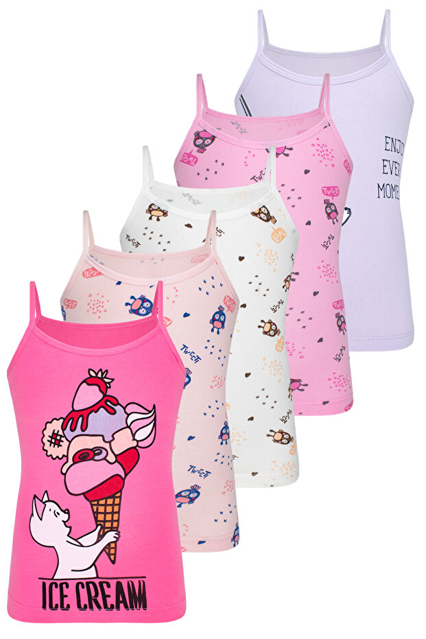 Girl's Rope Strap 5 Pack Mixed Color Printed Undershirt Byo 1873
