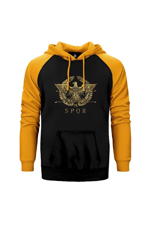 Roman Empire Emblem Yellow Color Raglan Sleeve Hooded Sweatshirt