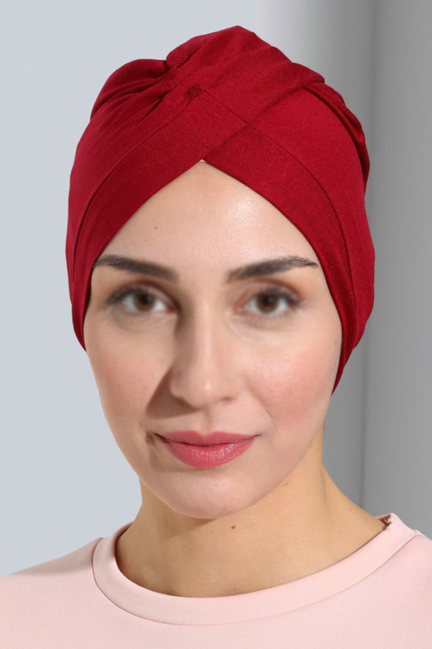 Aura Ready Turban Bonnet Combed Red Bonnet Cross Banded Women's Hijab Bonnet