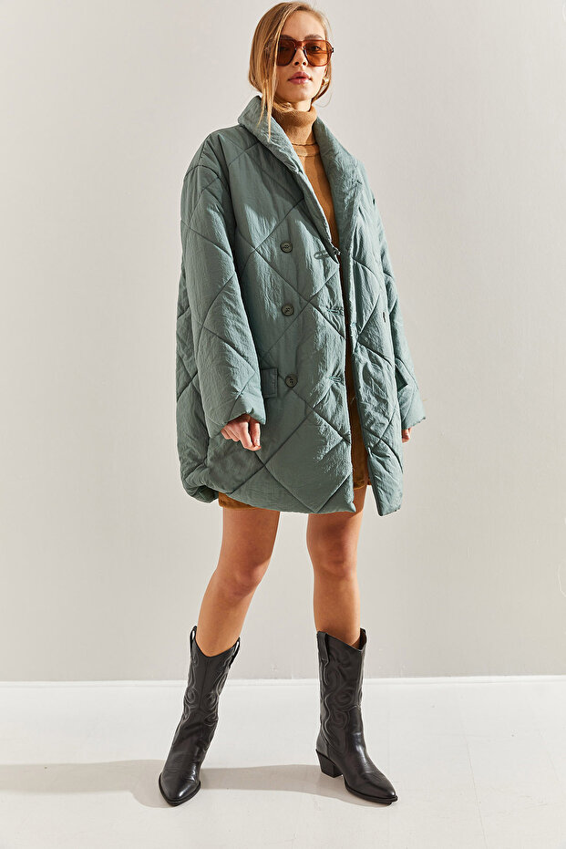 Women's Water Green Buttoned Oversize Inflatable Coat Stk66