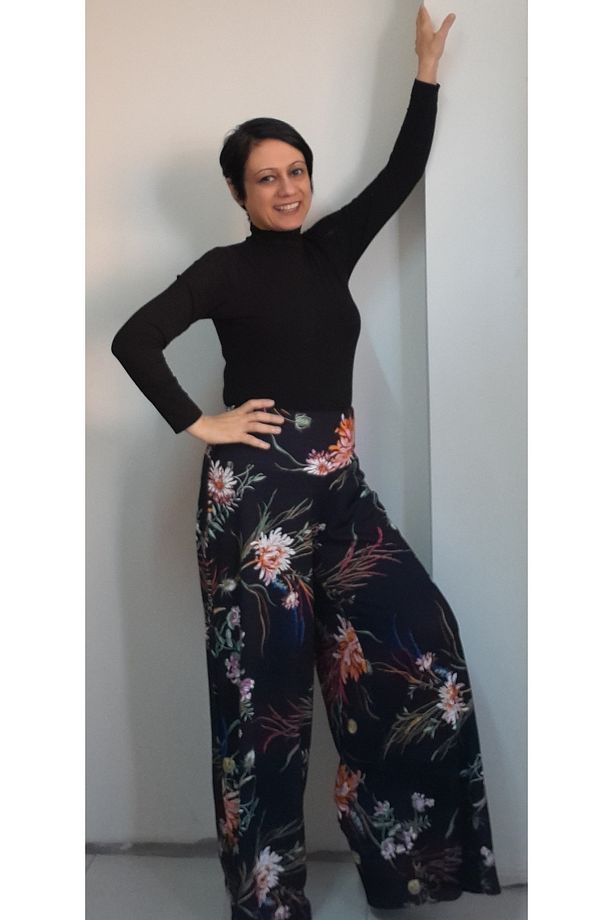 Siyah çiçekli Beli lastikli bol paça çelik örme pantolon etek - 4