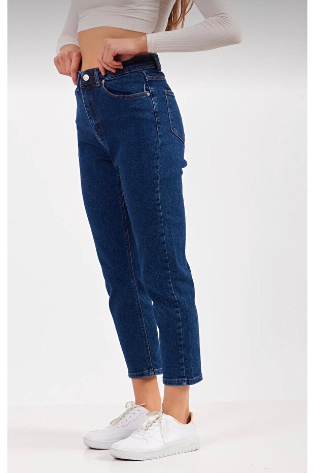 DARK Blue Lycra Mom Jean Trousers