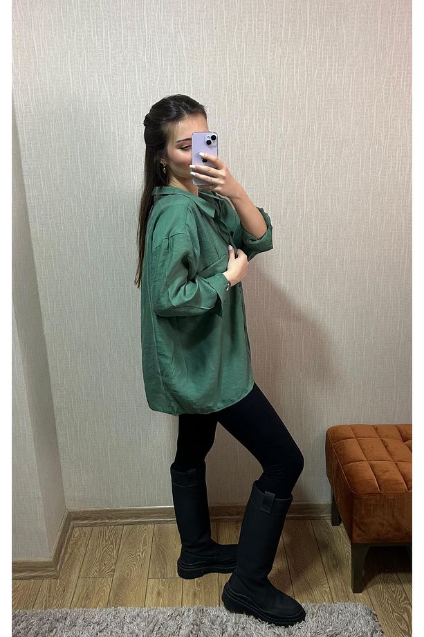 KADIN OVERSIZE SALAŞ TEK CEPLİ GÖMLEK ZÜMRÜT - 3