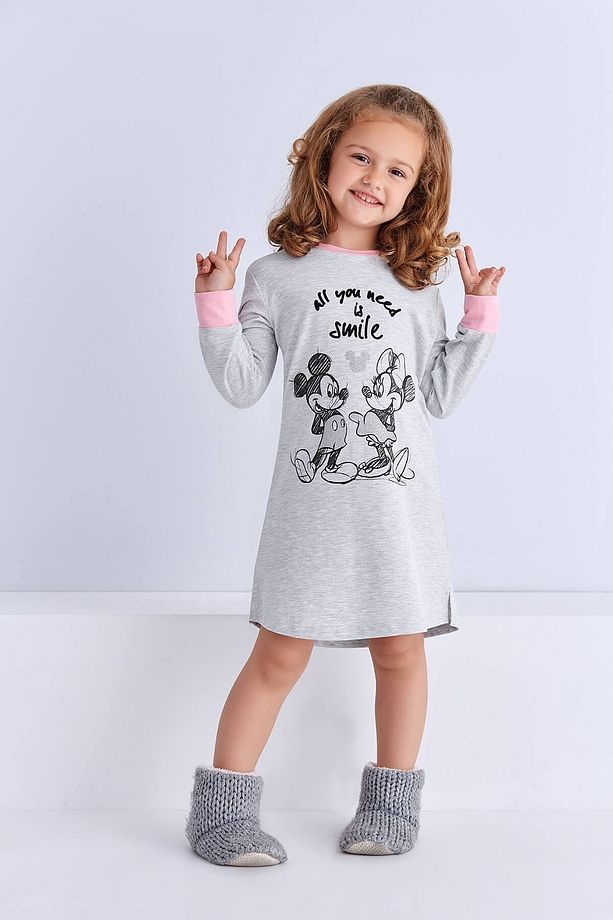 Mickey & Minnie Mouse Lisanslı Kız Çocuk Gecelik Açık Gri - 1