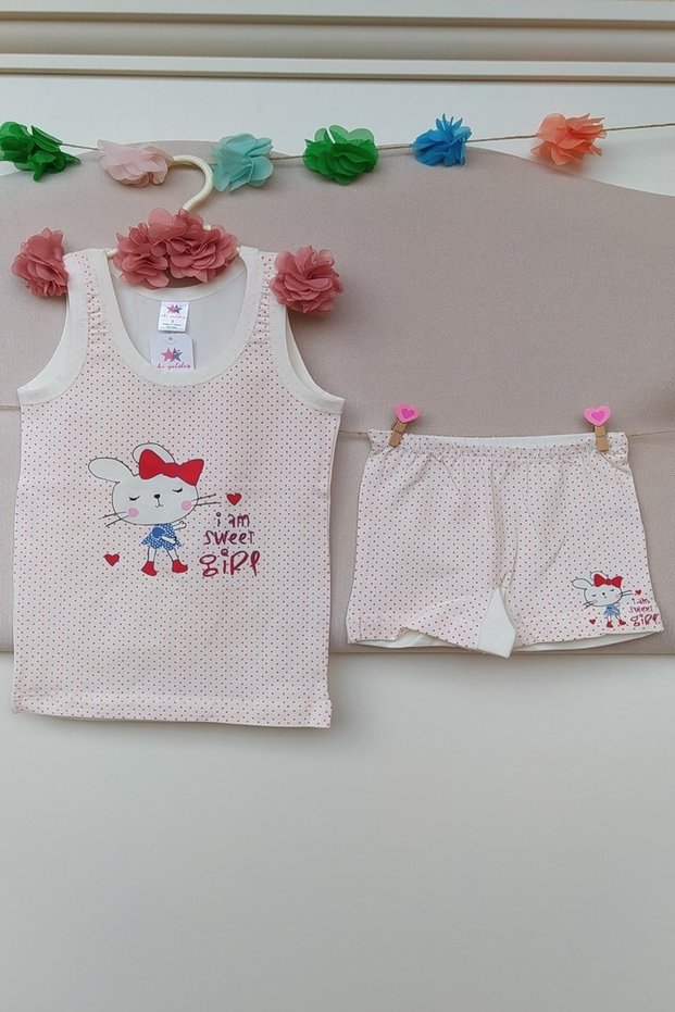 Baby Girl Cream Colored Rabbit Patterned Red Polka Dot Cotton Undershirt Boxer Briefs Underwear Set