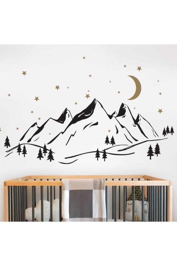 Wall Sticker Children's Room - Night Sky Mountains, Moon And Stars