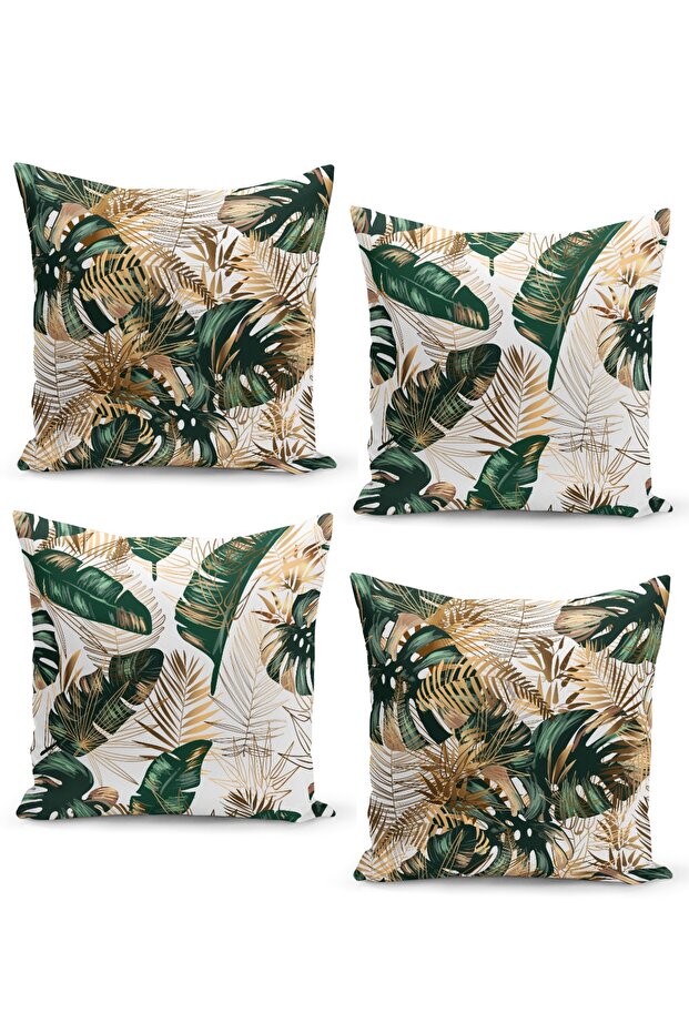 Set of 4 Throw Pillow Covers Gold and Green Tropical Leaves on a White Background