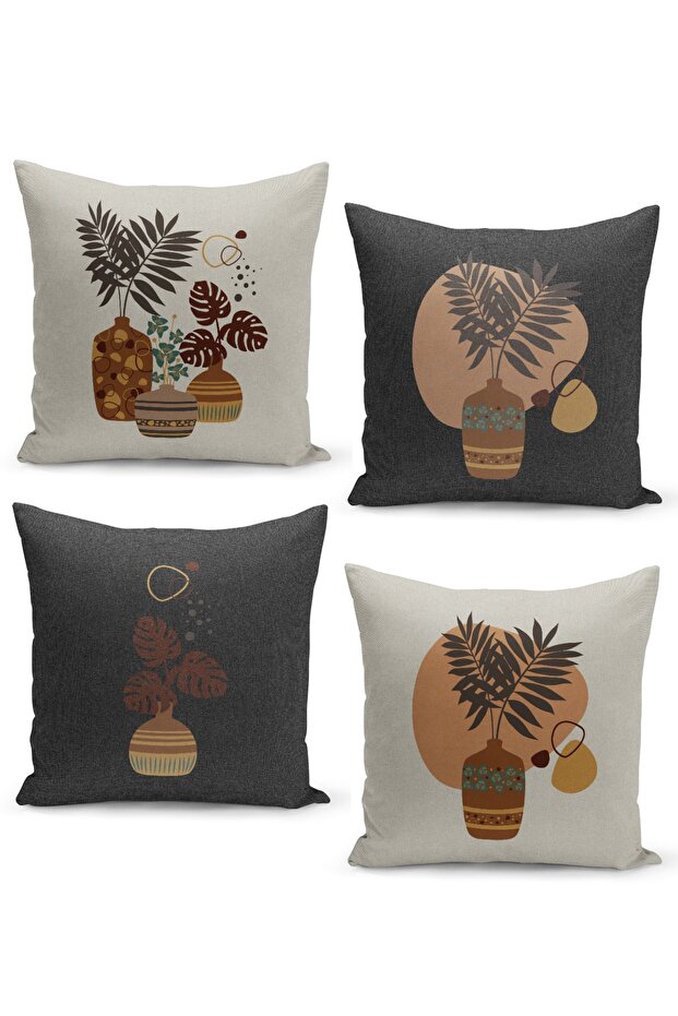 4-Piece Throw Pillow Case Set Linen Tweed Floor View Tropical Plant in Vase