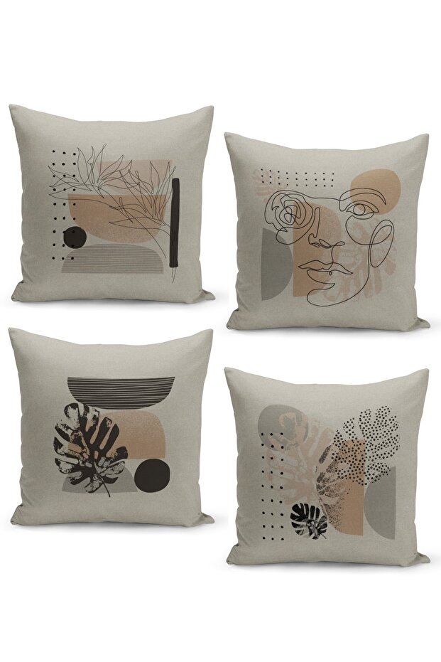 Set of 4 Throw Pillow Covers Geometric Scandinavian Design on Linen Background