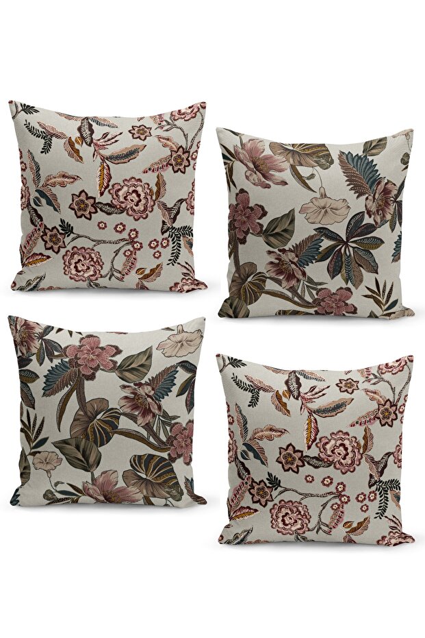 Set of 4 Throw Pillow Covers Ethnic Flowers Vintage Design