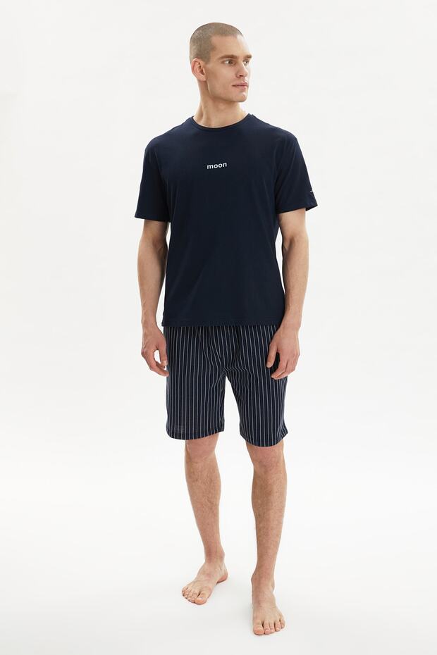 Lacivert Regular Fit Baskılı Örme Yazlık Şortlu Pijama Takımı THMSS21PT1005 - 4