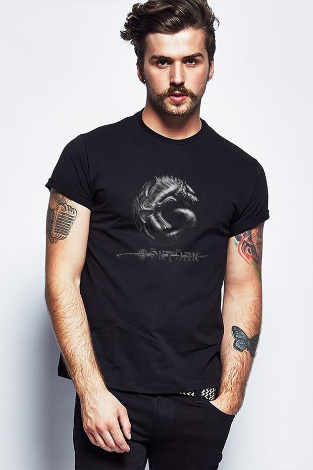 Göktürk Arma Logo Printed Black Men's Knitted Tshirt