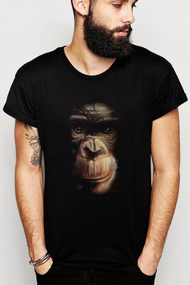 Animal Monkey Printed Black Men's Knitted T-shirt