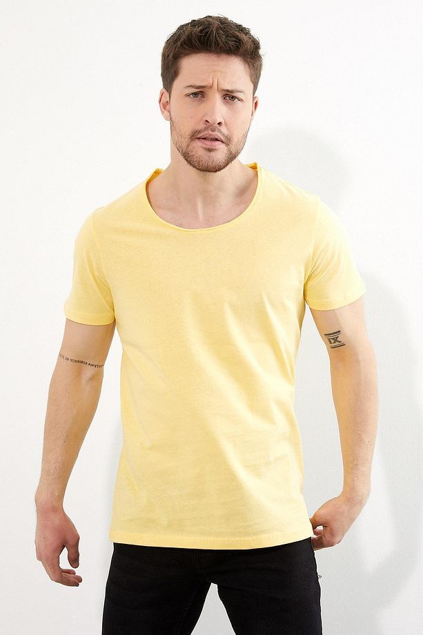 Erkek Sarı Bisiklet Yaka Basic T-shirt - 2