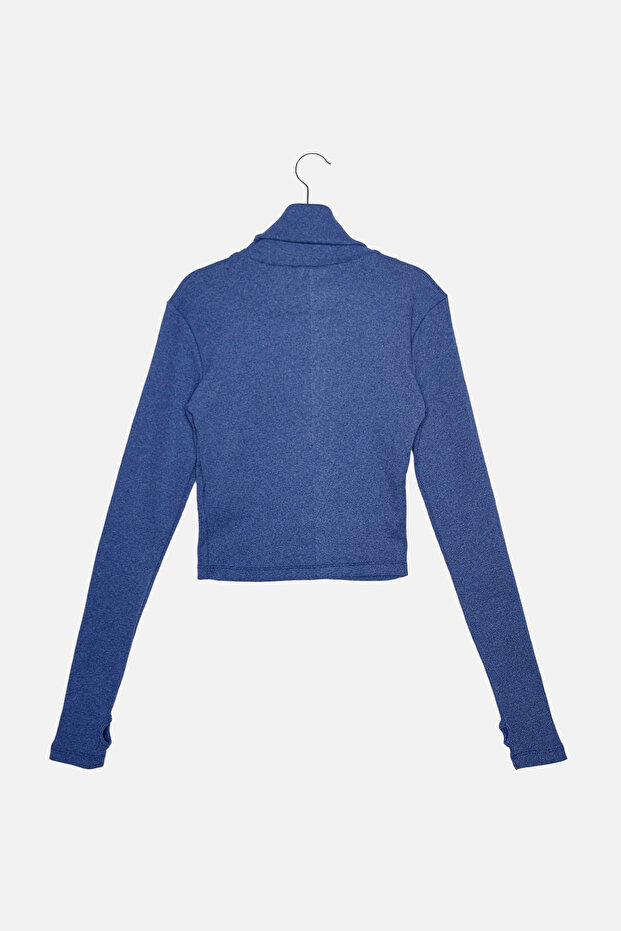 Indigo úpletová halenka s rolákem a detaily pro zvýraznění prstů, pružná a přiléhavá, model TWOAW21BZ0071 - 7